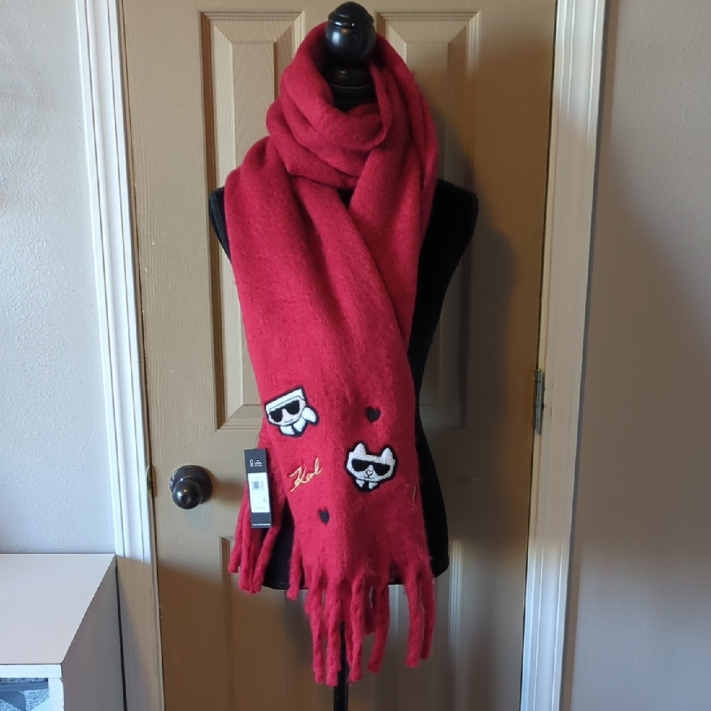 Karl Lagerfeld Red Scarf with Iconic Embroidery